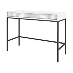 DomoHome Geribbelde make-uptafel, consoletafel met gouden handgrepen en stalen frame, bureau van MDF met ABS-randen, 2 laden met gefreesde voorkant, 104 x 78 x 50 cm, matwit, metalen poten, zwart