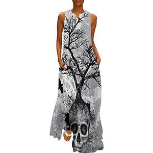 Creatieve doodshoofd boom zwarte adelaar dames enkellengte jurk slim fit mouwloze maxi-jurken casual zonnejurk 4XL