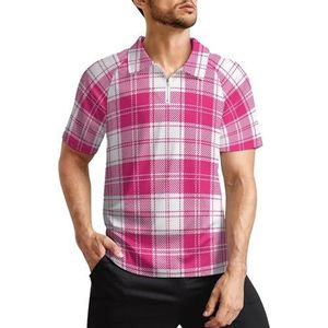 Roze en witte tartan geruite heren golfpoloshirts klassieke pasvorm T-shirt met korte mouwen bedrukt casual sportkleding top L