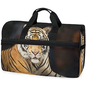 Siberische tijger zwart beeld sport zwemmen gymtas met schoenen compartiment weekender duffel reistassen handtas voor vrouwen meisjes mannen