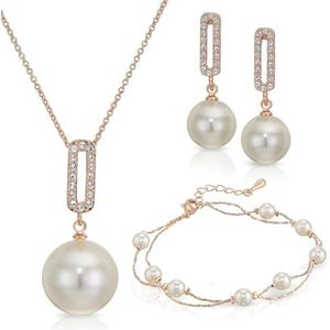 Crystalline Azuria Gesimuleerde Witte Parels Halsketting Oorbellen Armband voor Vrouwen Bruiloft Party Bruids en Bruidsmeisjesaccessoires 18 kt Roségoud Verguld
