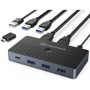 USB 3.0 Switch 2 computers delen USB C & A apparaten, USB-schakelaar voor PC Muis Toetsenbord Printer Scanner, USB KVM Schakelaar Selector Compatibel met Windows, Mac, Linux