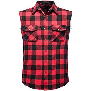 Iris Sprite Heren mouwloos geruit overhemd casual flanel button down shirts losse pasvorm met zak, Rood-a210, L