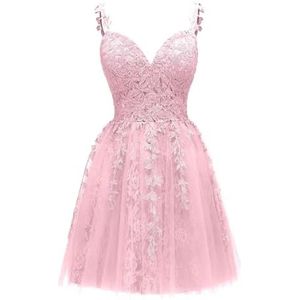Spaghetti Bandjes Bruidsmeisjes Jurken voor Junioren Kant Applique Avond Cocktail Party Maxi Jurk Mini Lengte AH154, roze, 32