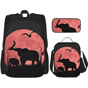 OUSIKA Roze maan olifant print 3 stuks rugzak casual dagrugzak lunchbox etui combinatie set voor reizen, roze, één maat, rugzak, casual, reizen, roze, Eén maat, Rugzak, casual, reizen