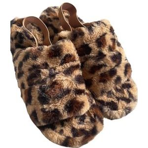 Femme Luxe Luipaard Pluizige Faux Fur Elastische Flatform Slippers - Amara, Luipaard, 36 EU