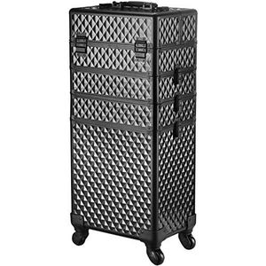 Rolling Train Case 4-in-1 Draagbare Professionele Cosmetische Make-up Reizen Case Aluminium Artiesten Sieraden Opslag Met DIY Verstelbare Divider Zwart