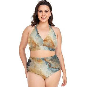 Beige Marmer Koper Krassen Vrouwen Bikini Sets Plus Size Badpak Twee Stukken Hoge Taille Strandkleding Meisjes Badpakken, Pop Fashon, XL