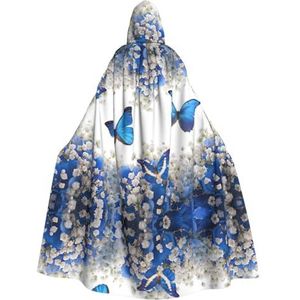 WURTON Halloween Kerstfeest Blauwe Vlinders Witte Bloemen Print Volwassen Hooded Mantel Prachtige Unisex Cosplay Mantel