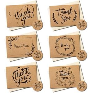 PALAAKK 36 Pack bedankkaarten multipack met enveloppen, bedankkaarten voor kinderen, bruiloften, afstuderen, 36 crèmekleurige papieren enveloppen en 36 bruine kraftkaarten met 40 bedankstickers