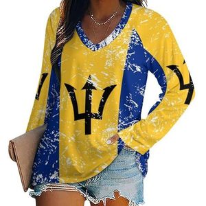 Retro Barbados vlag dames lange mouw V-hals T-shirts herfst tops pullover tuniek T-shirt voor leggings