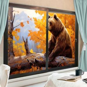 Abstracte beer raamfilm bekledingen kleurrijke herfst gele bladeren wild dier venster privacy film niet-klevende glasfilm decoratieve statische hechtfilm voor thuiskantoor 80 x 120 cm x 2 stuks