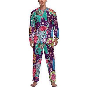 Thailand Olifant Lotus Bloem Zachte Heren Pyjama Set Comfortabele Lange Mouw Loungewear Top En Broek Geschenken S
