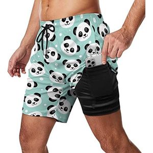 Leuke Panda Zwembroek voor heren, sneldrogend, 2-in-1 strandsportshorts met compressieliner en zak