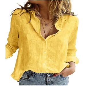 Dames katoenen linnen button-down overhemd Casual effen kleuroverhemden met lange mouwen Losse werktops Linnen overhemden for dames(Yellow,XXL)