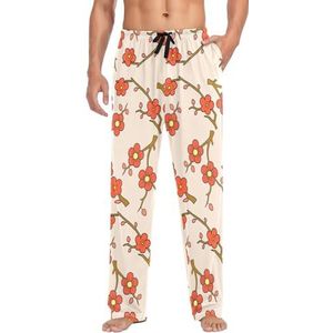 LI ZHI XIN Heren Pyjama Broek Lange Pyjama Bodem Lente Herfst Dunne Losse Stijl Elastische Taille Tie Band Met Zak S-XXL Rood Bloempatroon, Meerkleurig, S