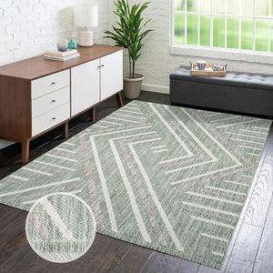 carpet city Vloerkleed laagpolig woonkamer - groen - 200x290 cm - tapijten franjes boho-stijl - geo-patroon - slaapkamer, eetkamer
