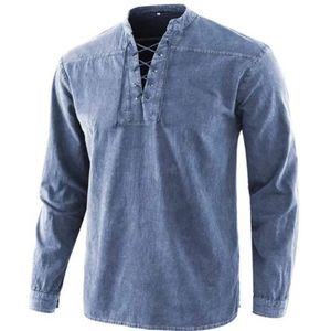 OHXSM Heren trekkoord vetersluiting middeleeuws sweatshirt met lange mouwen pullover heren casual shirt lange mouwen vetersluiting shirt heren middeleeuws renaissance shirt opstaande kraag lange mouwen tops vetersluiting pullover shirt, E-blauw 2, 3XL