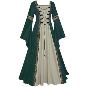 Feynman Retro middeleeuwse jurk gotisch paleis dames trompetmouwen feestelijk renaissance-kostuum, Groen, M
