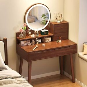 Kaptafel,Kaptafel Met Spiegel En Make-uptas, Kaptafel Met Opbergvak En Plank, 3 Verlichtingsstanden, Kleedkamer(Dark color,Without chair)