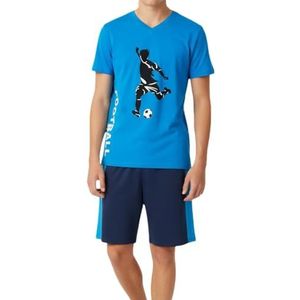 In One Clothing - Jongenspyjama kort, zachte single-jersey van 100% katoen, met motiefprint en broek in bermudavorm, Voetbal blauw 1, 176