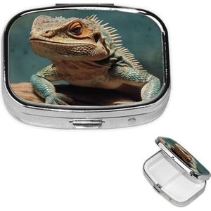 Lizards Pillendoosje 2 compartimenten vierkant draagbaar pillendoosje voor zak of portemonnee kleine wekelijkse medicijnplanner reizen pillendoos met spiegel decoratieve metalen vitaminehouder