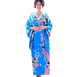 Courtieyeardceastea Vrouwen Meisjes Japans Satijn Bloemen Lange Kimono Yukata Foto Cosplay Kostuum Azuurblauw
