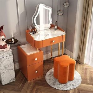 EdNey Kaptafel ijdelheid set, voor slaapkamer kleedkamer, met verstelbare LED verlichte spiegel, 3 kleuren verlichtingsmodi, 3 laden en gewatteerde kruk (kleur: oranje, maat: L-50 cm)