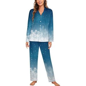 Blauwe Kerst Sneeuwvlokken Vrouwen Lange Mouw Button Down Nachtkleding Zachte Nachtkleding Lounge Pyjama Set L