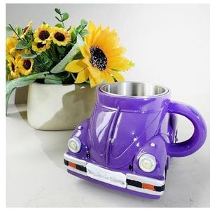 Koffiemok in kevervorm - handgemaakte metalen theekopje met vintage automotief voor keverliefhebbers, kantoordecoratie (paars)