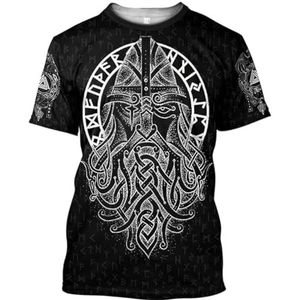 Norse Odin Helm Heren T-shirt, Vintage Viking 3D Print Rune Classic Harajuku Fitness Korte Mouw, Celtic Pagan Outdoor Street Sports Ademende Top (Color : Odin A, Size : 3XL)