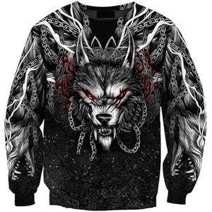 Nordic Viking Wolf Casual Hoodie, Heren 3D Digitale Print Odin Fenrir Tattoo Straat Punk Pullover Rits Jas, Celtic Pagan Cosplay Feestkostuums(Color:Round Neck,Size:XL)
