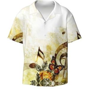 Muziek Rozen Romantische Print Heren Korte Mouw Jurk Shirts met Zak Casual Button Down Shirts Business Shirt, Zwart, S