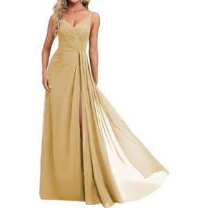 Prinses Bruidsmeisjes Jurken Spaghetti Bandjes Galajurken Chiffon Formele Avondfeest Maxi Jurk met Split ZM210, Goud, 32