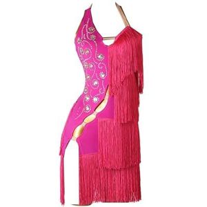 Danskostuums Strass Latijnse jurk Latin Dance Dress Professional Performance Competition Kostuum Kwastje Stijl Rumba Samba Rok (Color : Rose Red, Maat : XL)