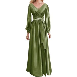Prinses Bruidsmeisje Jurken Lange Mouw Galajurken V-hals Satijn Formele Avondfeest Maxi Jurk ZM200, Olijfgroen, 32