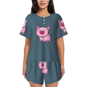 RIVETECH Smile Pink Pig Print Vrouwen Korte Mouwen Pyjama Set Pyjama Lounge Set Met Zakken,, Zwart, S