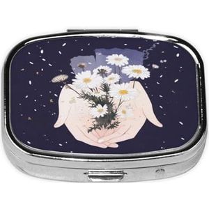 Vierkante pillendoos met bloemen - 2 compartimenten medicijnpillenetui, waterdicht, zak pillenorganizer, draagbaar, voor zak- of portemonneepillendozen