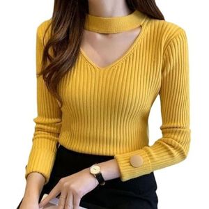 Dames V-hals Trui, Y2K Slim Fit Lange Mouw Gebreide Trui for Uitgaan Tops(Yellow,XXX-Large)