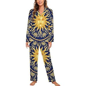 Celestial Barok Blauw Goud Zon Gezicht Vrouwen Lange Mouw Button Down Nachtkleding Zachte Nachtkleding Lounge Pyjama Set S
