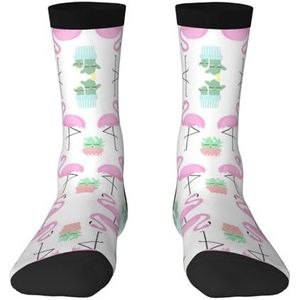 Tropische flamingo schattige cactus kleurrijke halfhoge sokken voor mannen en vrouwen - modieuze volwassen sokken, levendige halfhoge sokken, Tropische Flamingo Leuke Cactus, Eén Maat