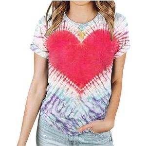 Dames T-shirt met batikpatroon, hart-afbeelding, Valentijnsdag, shirt, geliefden, geschenken, casual T-shirt met korte mouwen, roze, XXL