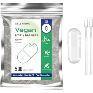 ATLEMISME Lege plantaardige capsules Maat 0 - Pak van 500 - Gelatinevrij, ideaal voor voedingssupplementen en poeders - Gemakkelijk vullend en snel oplossend