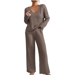 Lemoiitea Damesmode Gebreide Set Lange Mouwen V-hals Top en Lange Broek 2 Stuks Pak Casual Trainingspak Herfst Winter Lounge Wear, Koffie, XL