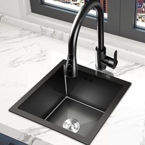 RVS Keuken Spoelbak Enkele Kom Inbouw Keuken Spoelbak Zwarte Onderbouw Spoelbak met Afvoerfittingen, Onderbouw Vlakbouw of Opbouw Installatie (38x30cm)