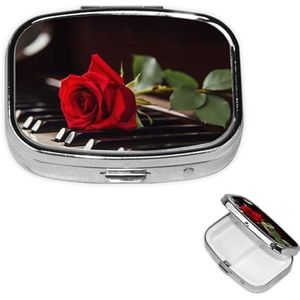 Mini metalen pillenorganizer - 2 compartimenten reizen pillendoos lichtgewicht zak pillendoosje rode roos op piano wekelijkse medicijnkoffer voor vitamines en medicijnen