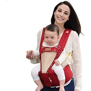 Heup Seat Baby Carrier met veiligheidsgordelbescherming, puur katoen, lichtgewicht ergonomische taille-kruk, multi-posities baby voordrager met windschermhoed voor 0-36 maanden (kleur: rood)