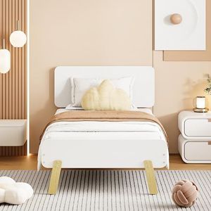 Idemon Kinderbed, 90 x 190 cm, eenpersoonsbed van massief hout met lattenbodem, schattige en unieke vorm van hoofd- en voeteneinde (wit)