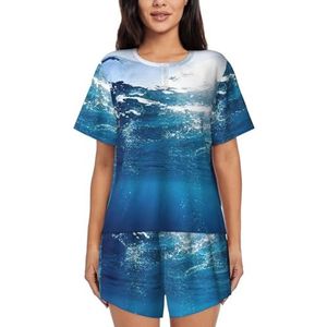 Blauwe oceaanprint dames zomer zachte tweedelige bijpassende outfits korte mouw pyjama lounge pyjama sets, Zwart, XXL