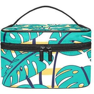 Monstera Patroon Oranje Wit Streep Make-up Tas voor Vrouwen Meisjes Cosmetische Tassen met Handvat Reizen Make-up Organizer Tas, Monstera Patroon Oranje Wit Streep, 8.9x5.9x5.4 Inches, Make-up zakje